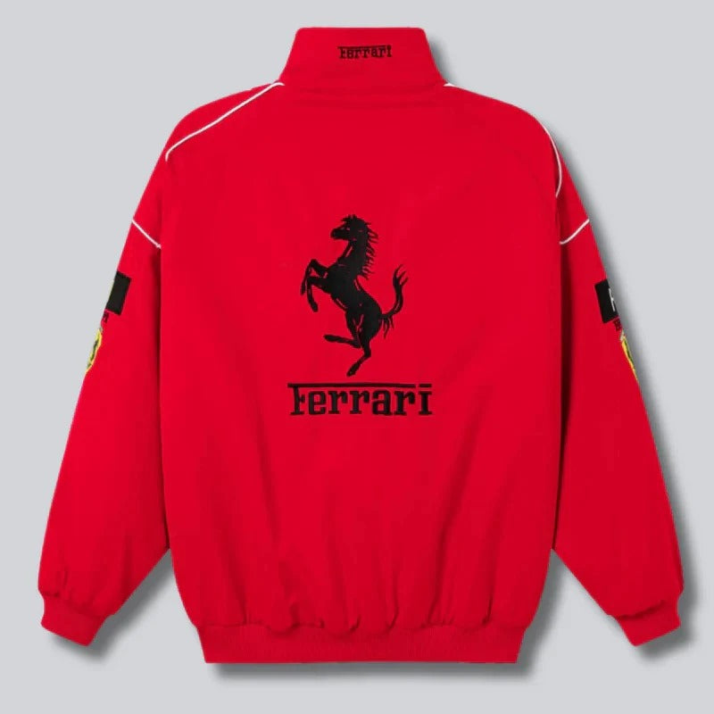Back mockup of red Ferrari Scuderia Jacket showing full racing design