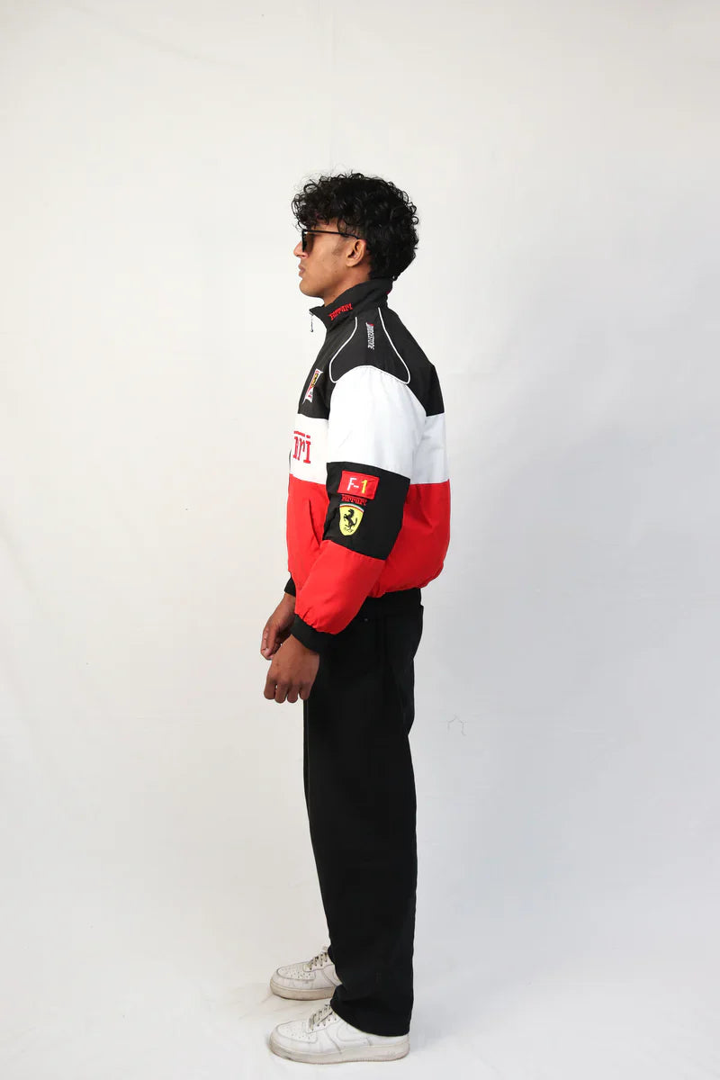 Studio shot of model wearing jacket, back view with logo and design