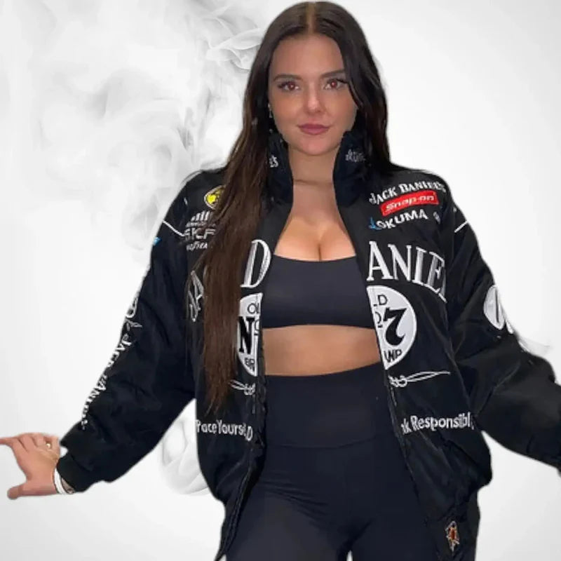Jack Daniels jacket in motion – walking shot outdoors