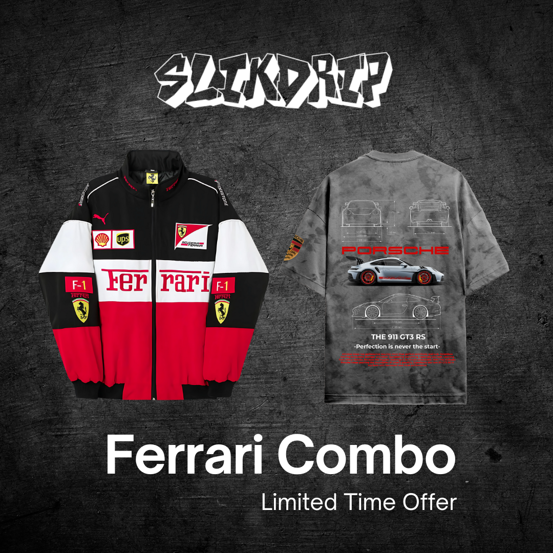 Ferrari Tri-color PUFFER Jacket X Porsche T-shirt COMBO