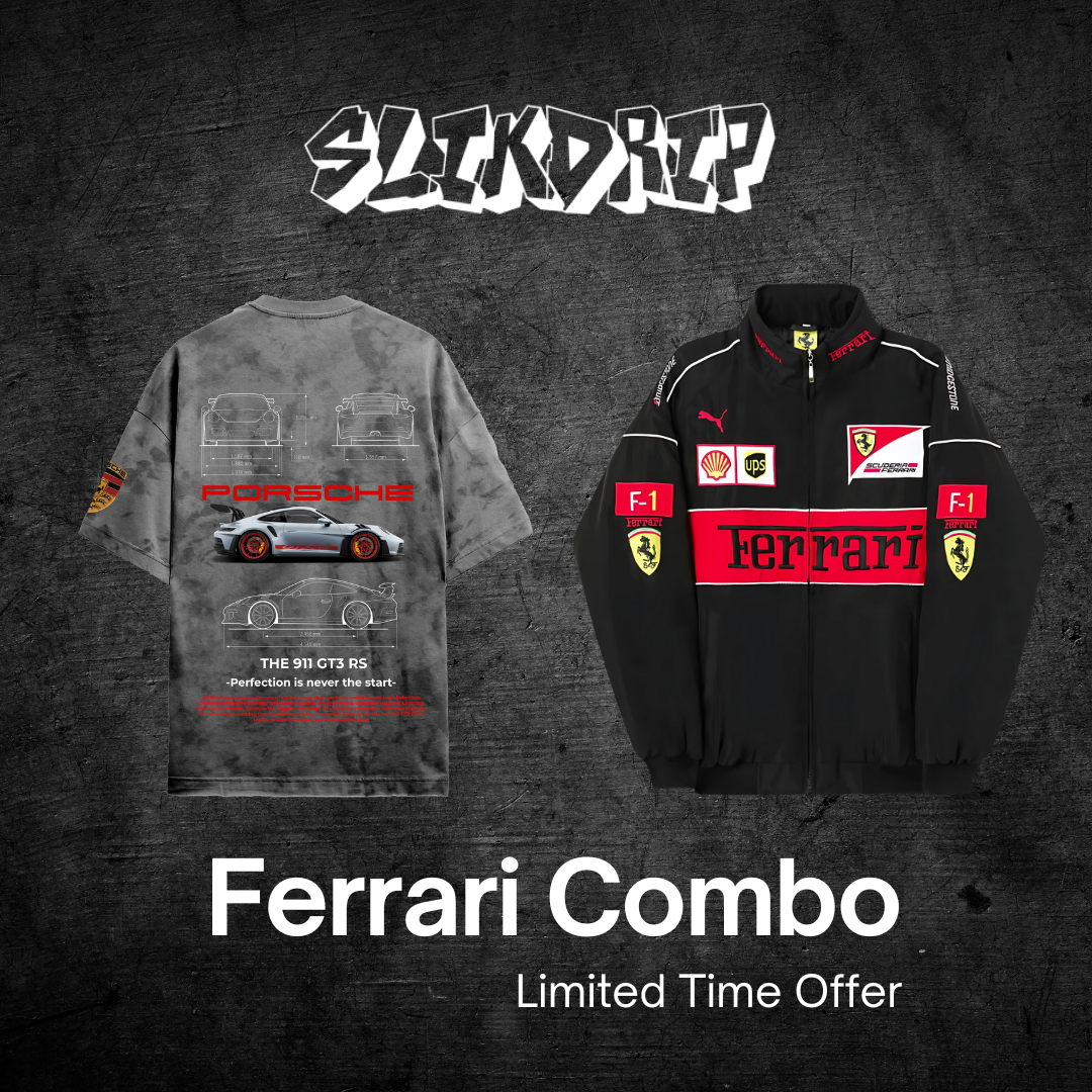 Ferrari Black PUFFER Jacket X Porsche T-shirt COMBO