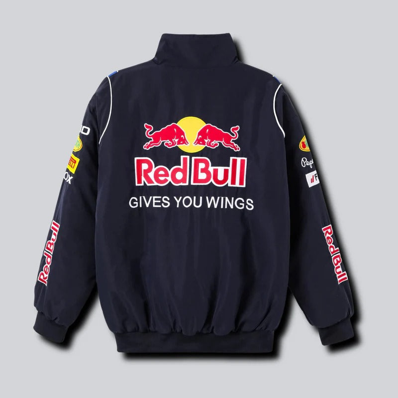 Back mockup of navy Red Bull Racing Jacket showing detailed logo placement